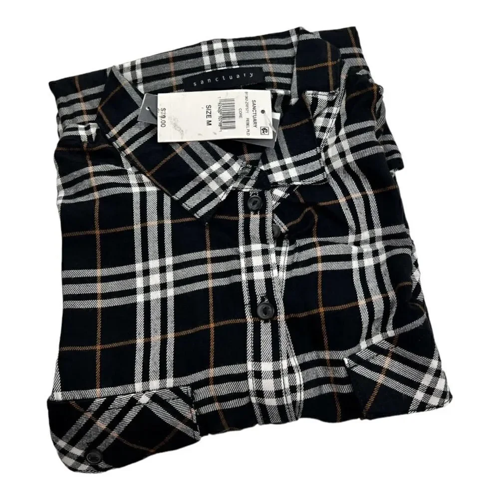 New Sanctuary Men Black Plaid Shirt Casual Classic Long Sleeve Button Down US M - Picture 4 of 13